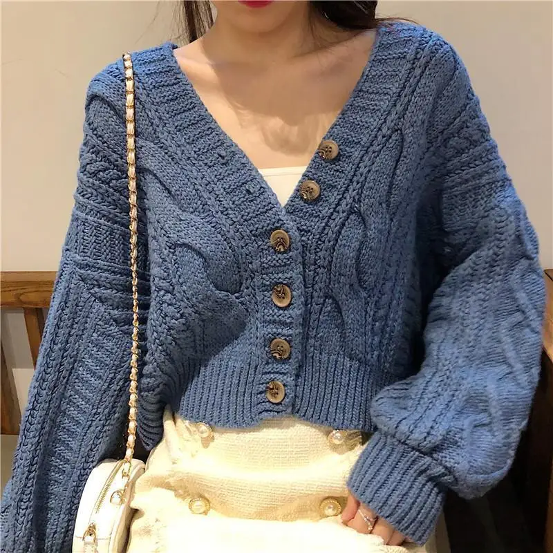 

Autumn Winter Women's Cardigan Korean Style The Retro Solid Color V-neck Knitted Cardigan Loose Short Twist Sweater Coats LL503