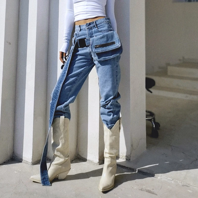 WHITNEY WANG Jeans 2020 Spring Fashion High Street Style Waist Bag Patchwork Women Stylish Denim Pants | Женская одежда