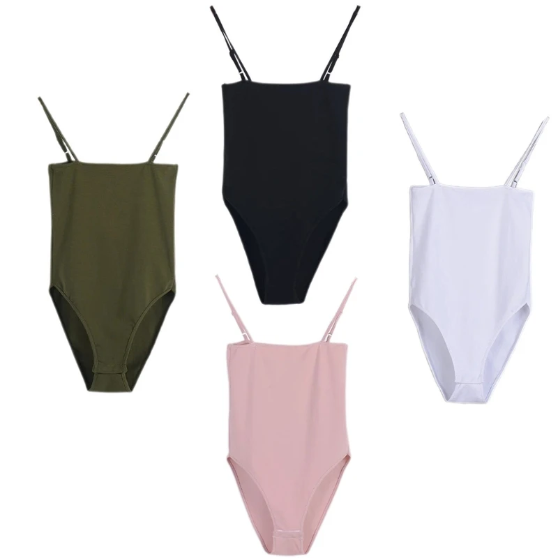 

Women Sexy Spaghetti Strap Camisole Bodysuit Square Neck Off Shoulder Sleeveless Basic Leotard Simple Solid Color Bodycon