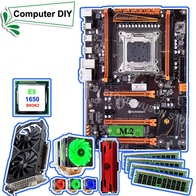 Материнская плата HUANANZHI deluxe X79 с M.2 240G NVME SSD 2280 Intel Xeon E5 1650 C2 кулером 4*8G DDR3 1600 RECC GTX1050Ti