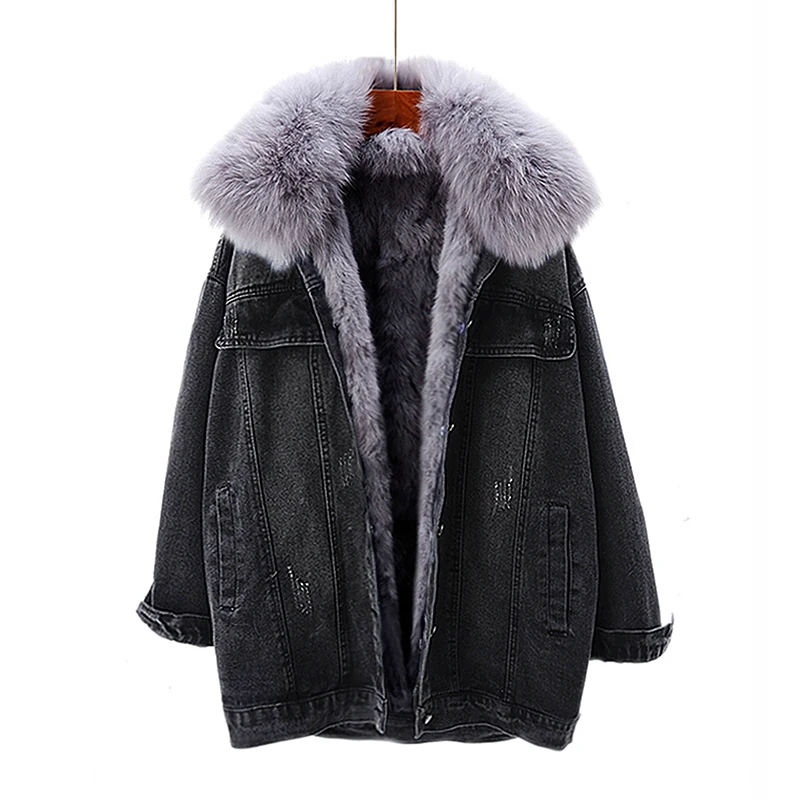 

Winter Warm fur Coat Natural Fur Collar + Real Rabbit Hair Liner Denim fur Jacket Female retro fur parkas Fur Outerwear F95