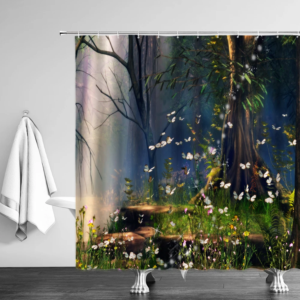 

Landscape Mountain Forest Deer Butterfly Watercolor Shower Curtain Polyester Fabric High Quality With Hooks Bath Screen Decor