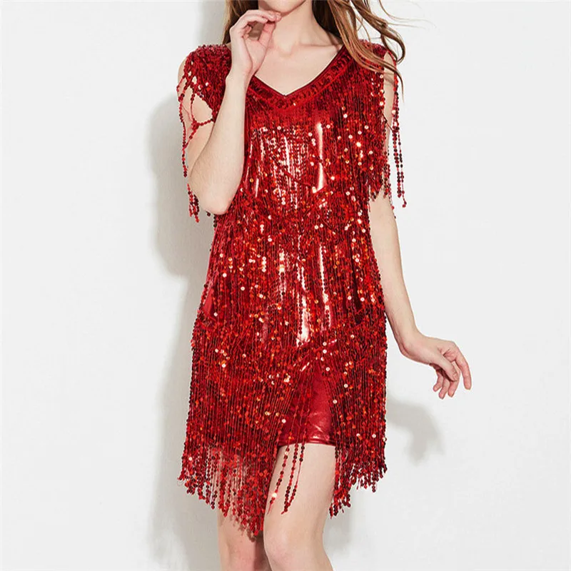 Блестящее платье с кисточками и бахромой женское сексуальное мини облегающее