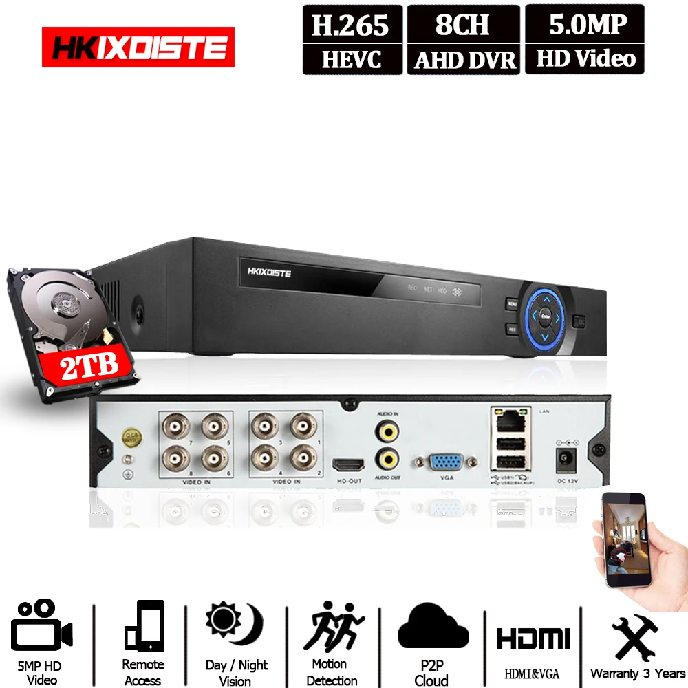 8 канальное AHD видео двустороннее аудио рекордер H.265 + 5MP 4MP 1080P 8CH 6 в 1 Гибридный DVR Wifi