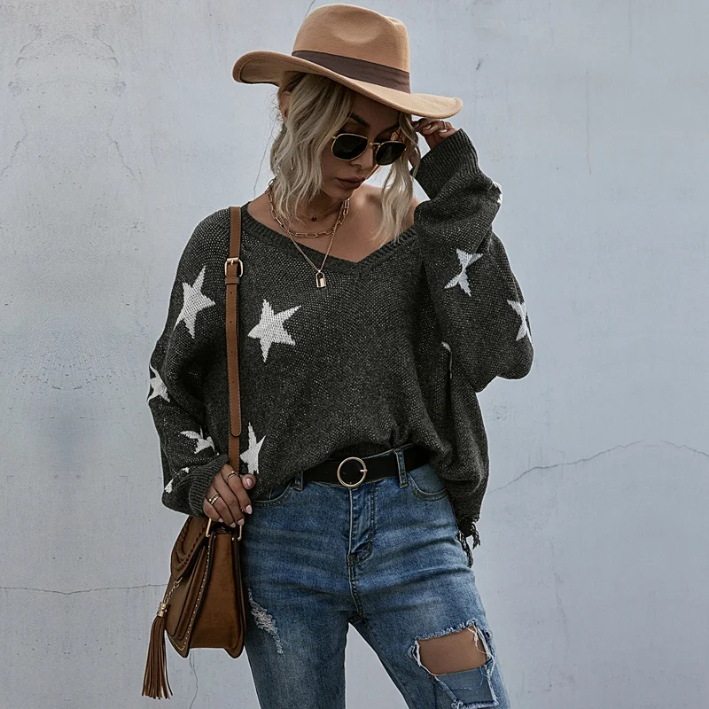 

V-neck Sweater for Women Tassel Knitted Sweater Women Female Tops Long Sleeve Pullover Star Sweaters Grey