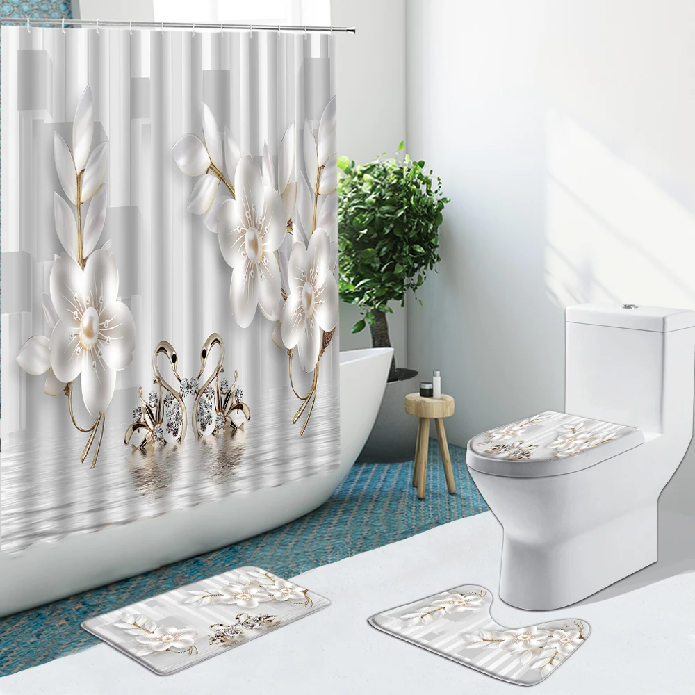 Занавески для душа с фиолетовыми цветами гиацинт зелеными листьями и птицами