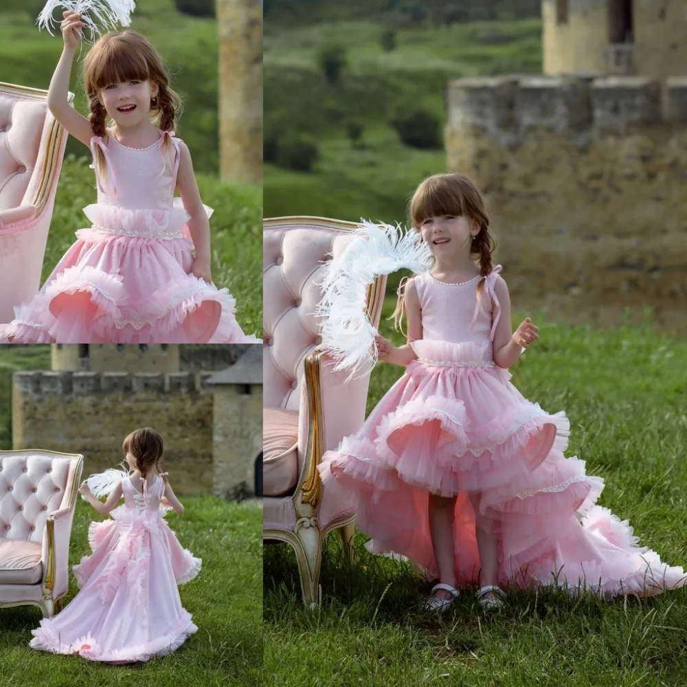 

New Pink Girl Cloth with Sweep Train Birthday Party Dresses Flower Girls Dresses Photoshoot
