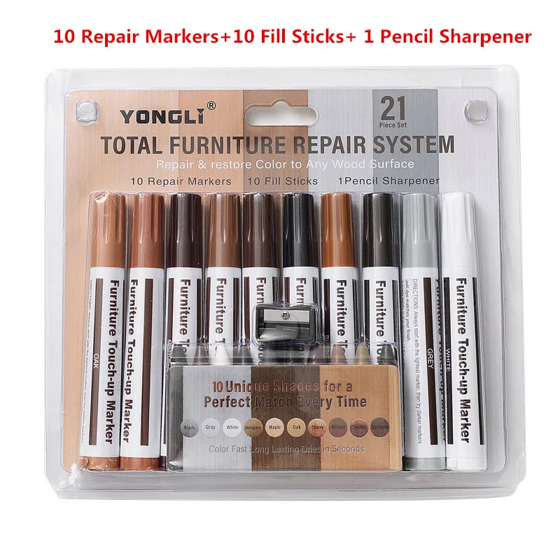 

21Pcs Furniture Touch Up Kit Markers & Filler Sticks Wood Scratches Restore Kit Scratch Patch Paint Pen Wood Composite Repair