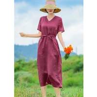 summer new original literary womens clothing ramie slim long dress v neck age reducing summer dresses 2021 dress
