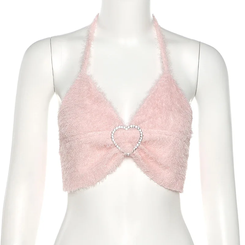 

Summer Women Tank Tops Sexy Pure Color Diamond Buckle Hanging Neck Halter Wrapped Chest Female Street Casual Femme Fashion 2021