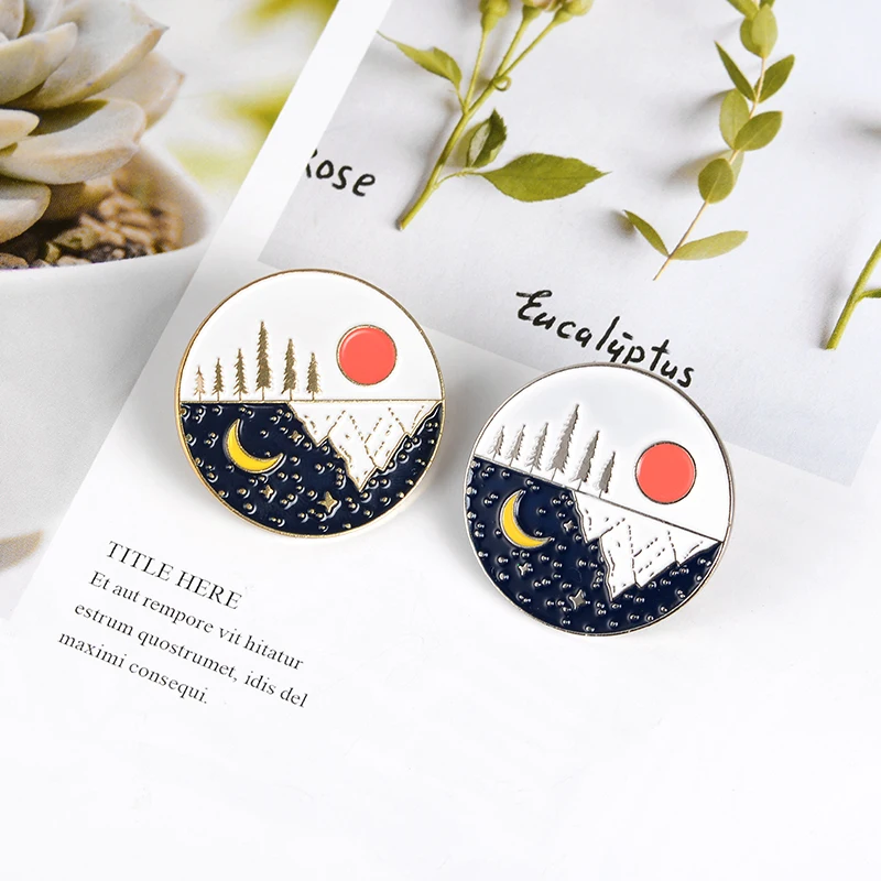 

QIHE JEWELRY Day and Night Pins Trees Mountain Sea Brooches Nature Badges Gold and Sliver Jewelry Gift for Friends