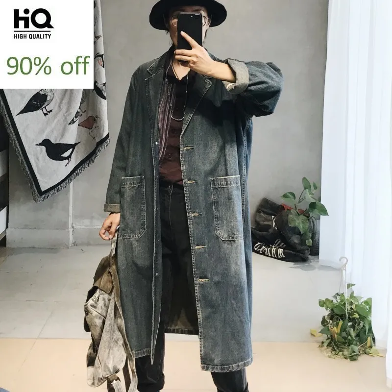 Винтажное женское свободное джинсовое длинное пальто однобортный Тренч с