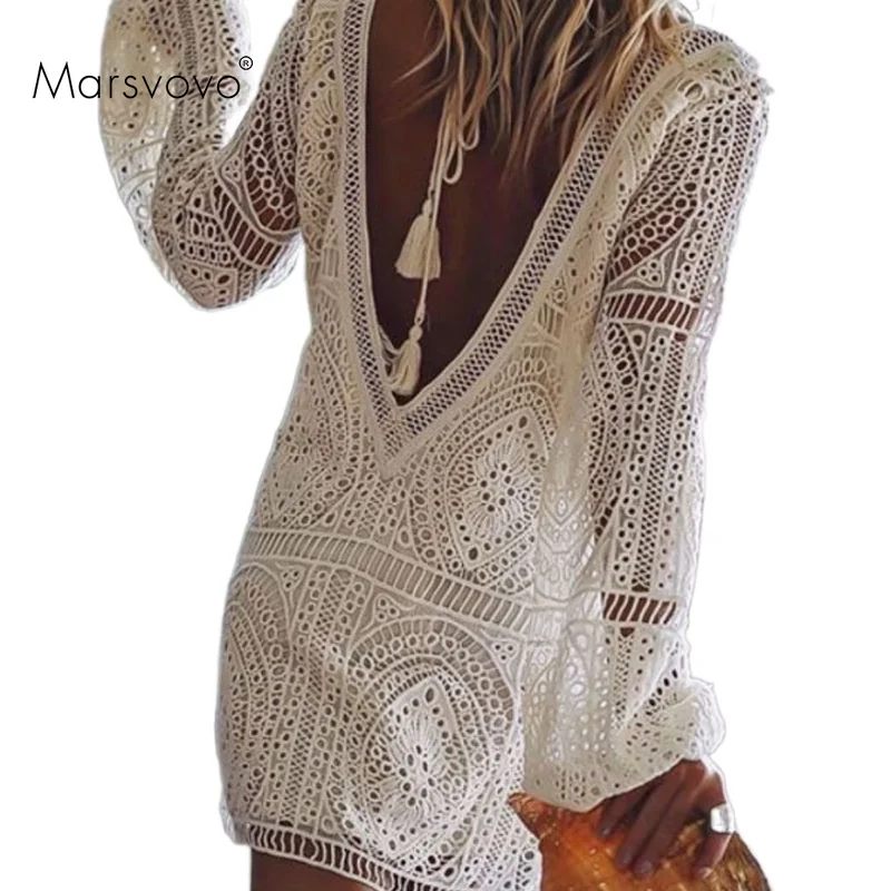 

Solid White Dress Lace Bathing Suit Sexy Backless Swimsuit Long Sleeve Boho Plus Size Crochet Beachwear Bikini Mesh Cover Up