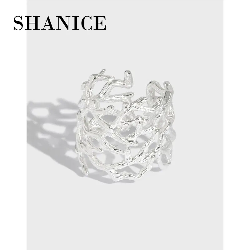 

Женское Открытое кольцо SHANICE из стерлингового серебра пробы, простой и универсальный широкий дизайн, текстура ветки, открывающийся указательный палец