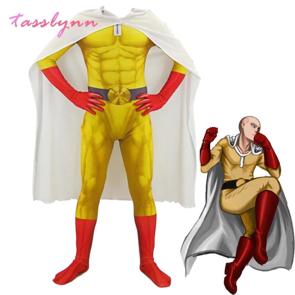 

Костюм для косплея для мужчин и детей, костюм супергероя Сайтама для косплея, искусственная кожа, наряд с плащом/накидкой