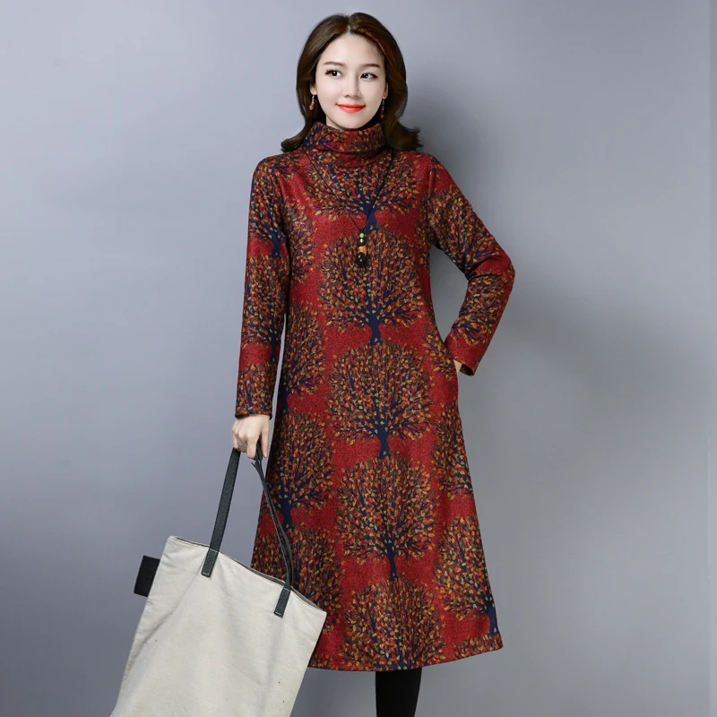 Женское длинное шерстяное платье элегантное винтажное с длинным рукавом и