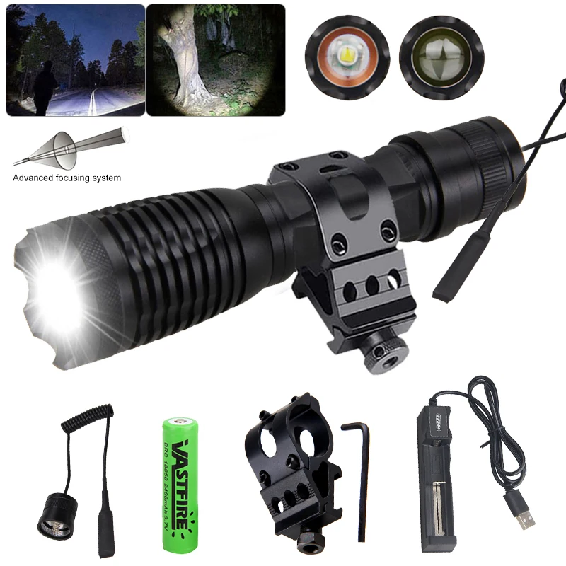 

C8s Zoomable Hunting Flashlight Tactical XM-L T6 LED White Weapon Gun Light+45° Rifle Scope Mount+Remote Switch+18650+Charger