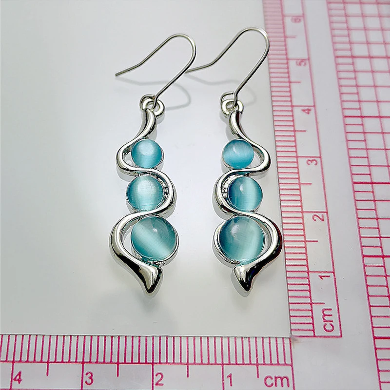 

Fashion Beaded Earrings Resin Stone Blue Moonstone Dangle Long Jewelry Charm Silver Color Twist Hook Earring For Women