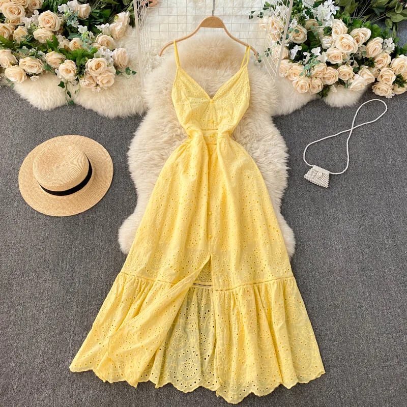 

FMFSSOM 2021 Summer SexyV-neck Breastedslim Split Ruffle Large Swing Holiday Style Dress Women Hollow Out Solid Color Clothes