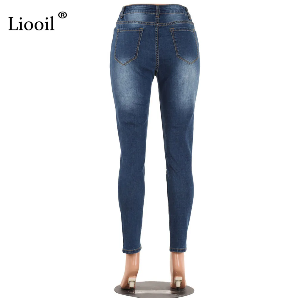 

Liooil Blue Skinny Ripped Jeans For Women Patchwork High Waist Hole Jean Trousers With Pockets Wash Distressed Sexy Denim Pants