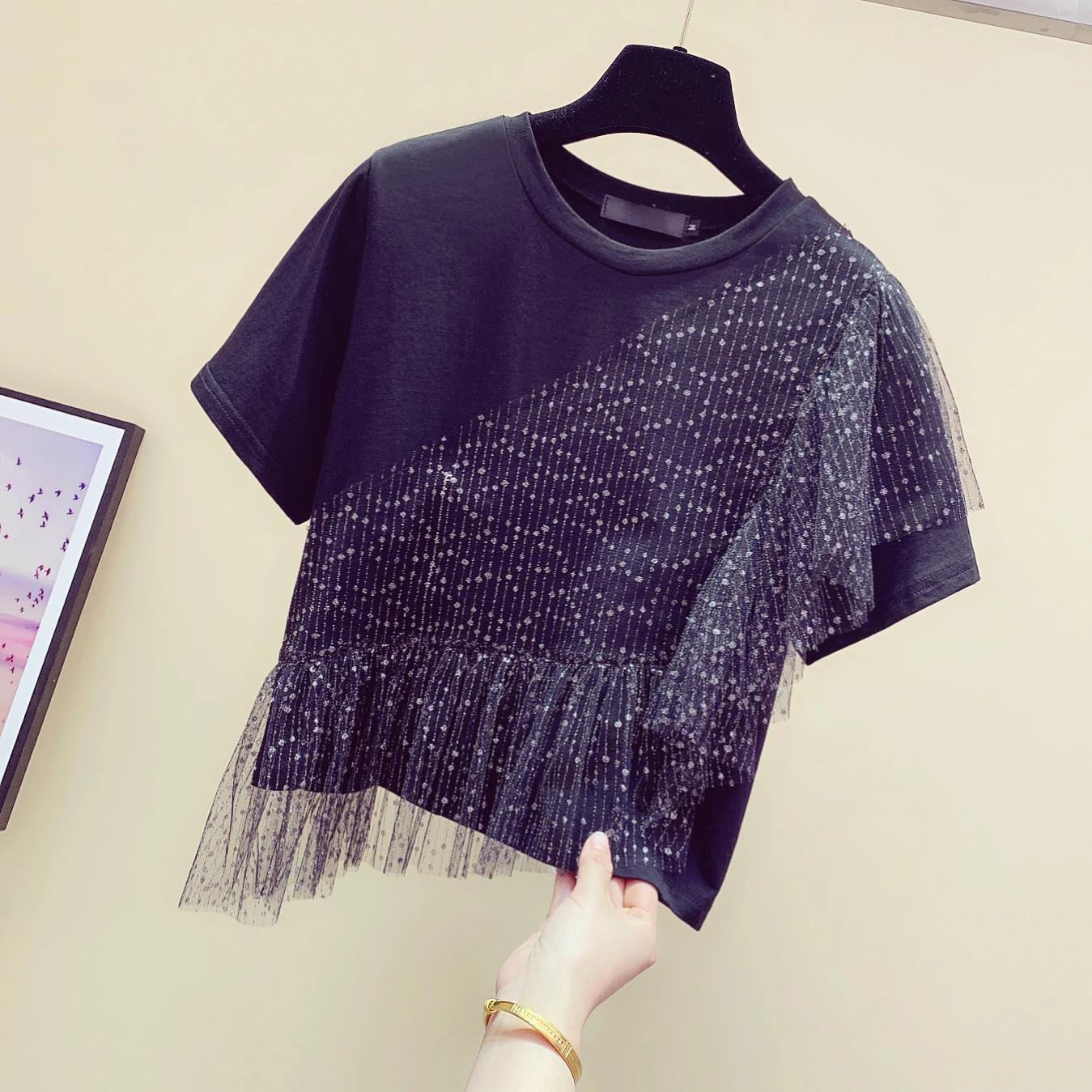 

Irregular Mesh Splicing Tshirt Fake 2 Pieces Short Sleeve Cotton T-shirt Female 2020 Summer Tops Korean Loose Shirt Fashion Tee