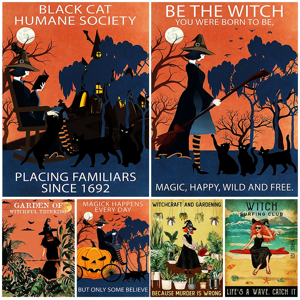 

Retro Witchcraft Gardening Wall Art Canvas Painting Decorative Witch Magic Surfing Club Poster And Prints For Living Room Decor