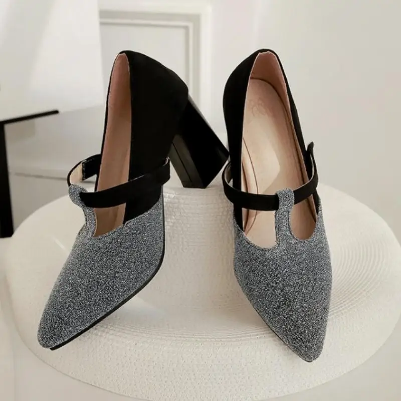 

Fanyuan Heels Women Shoes Pointed Toe Thick High Heels Shoes Women Stylish Mixed Color Pumps Lady Footwear Size 32-48