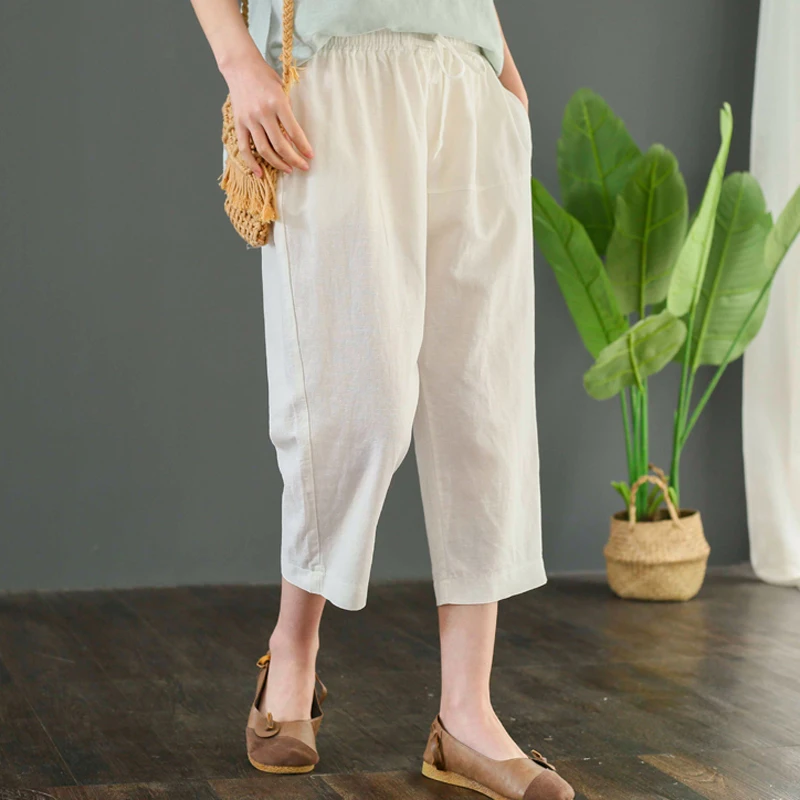 

Artistic Retro Elastic Waist Drawstring Cotton Linen Harem Pants Summer 2020 Loose Slimming Solid Color Casual Cropped Pants for