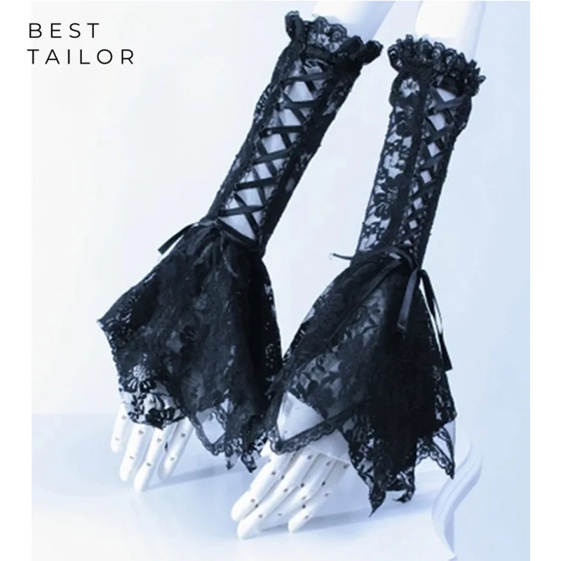 

Black White Lace Wedding Gloves Steampunk Lolita Accessoire Retro Mariage Agaric Horn Gotic Cuffs Gant Femme Bridal Accessories