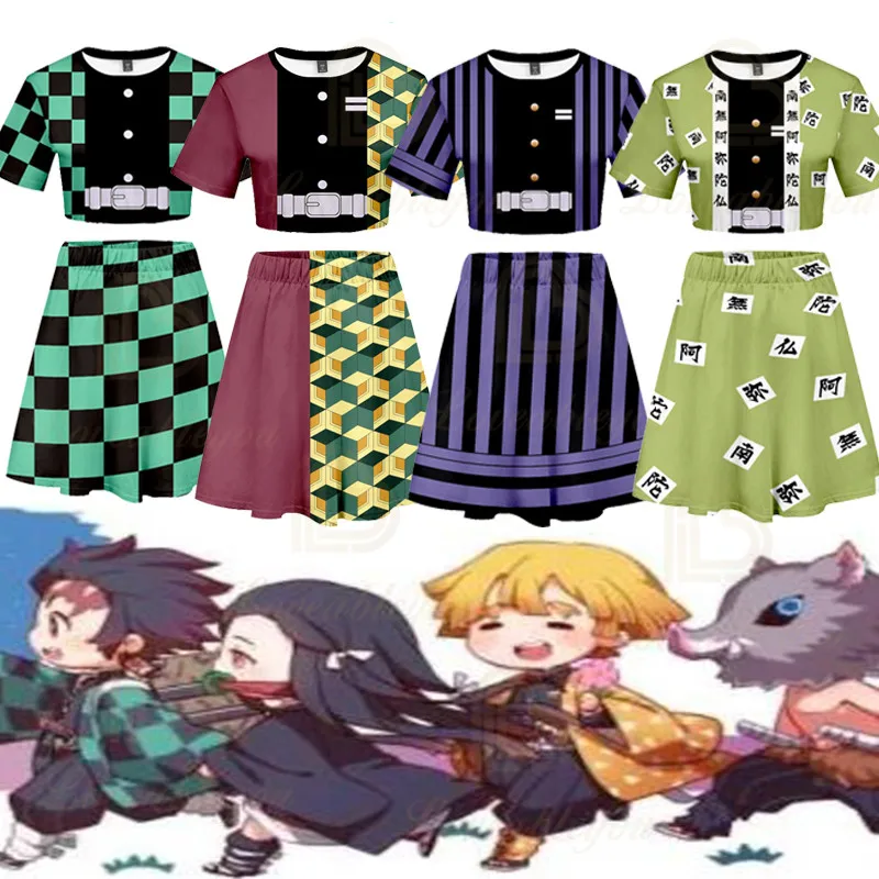 

Manga Demon Slayer Kimetsu No Yaiba Costume Women Top Shorts Sport Suits Kamado Nezuko Running Girls Short Skirt Set Cosplay