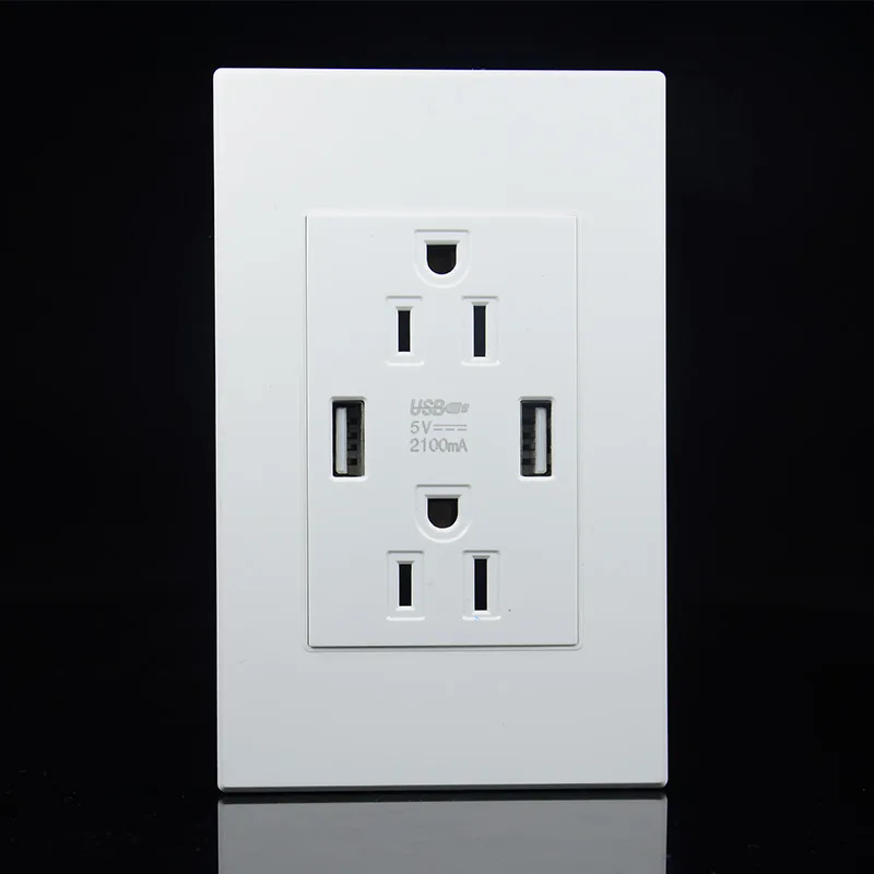 

118mm white American USA Standard Double 3-pole socket with 2USB ports 2.1A PC flame retardant household safety power plug 15A