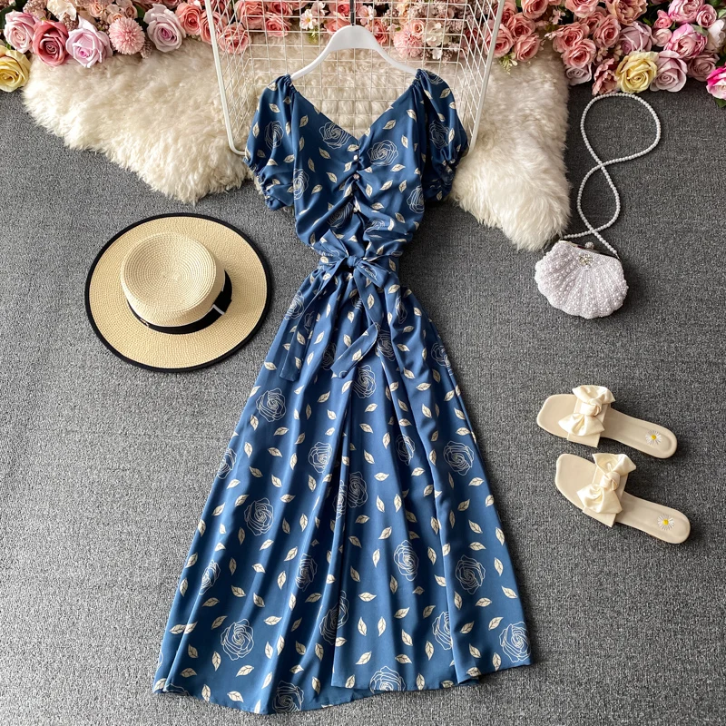

Beach Holiday Floral Print Dress Retro Green Women Vintage V Neck Slim Mid-calf Dresses Vacation Ruffles Dress Purple Ropa Mujer