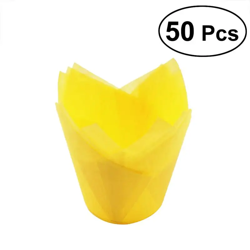 50pcs yellow 50 шт обертка для кексов формы для выпечки формы тюльпана вкладыши для кексов чашки для кексов вечерние бумажные инструменты для выпечки тортов-белый золотой розовый - Цвет: 50pcs yellow