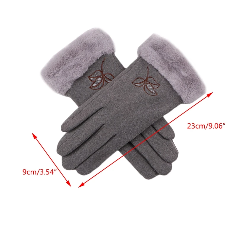 

Women Winter Driving Touch Screen Gloves Leaves Embroidery Plush Lined Mittens