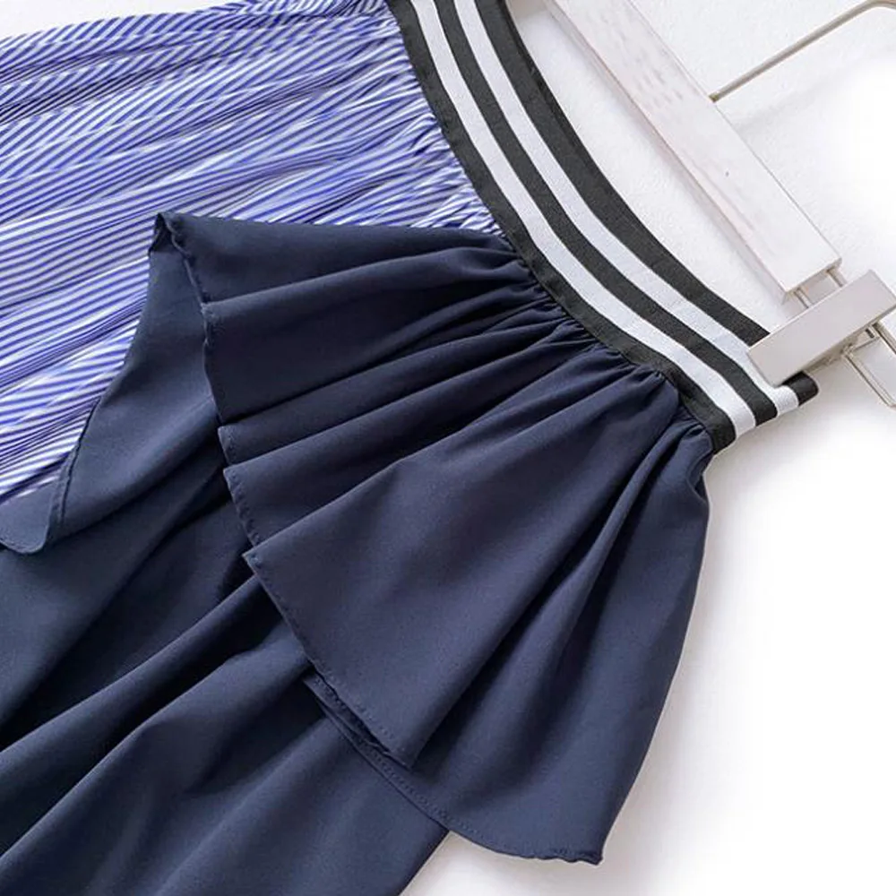 

Women Cascading Ruffles Striped Asymmetrical Pleated Skirt Jupe Femme Ladies Elastic Waist Vestidos Chic Black Long Maxi Skirts