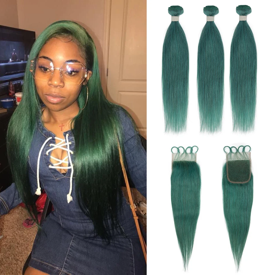 Remy Forte Bundles With Closure Straight Jade Green Blonde Human Hair Bundles With Closure 3 Remy Brazilian Hair Weave Bundles