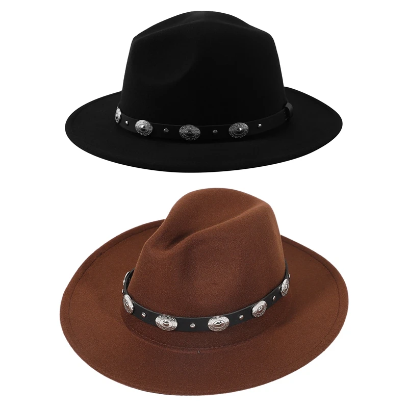 

2x модная мужская и женская фетровая ковбойская шляпа с широкими полями в западном стиле (черный и кофейный)