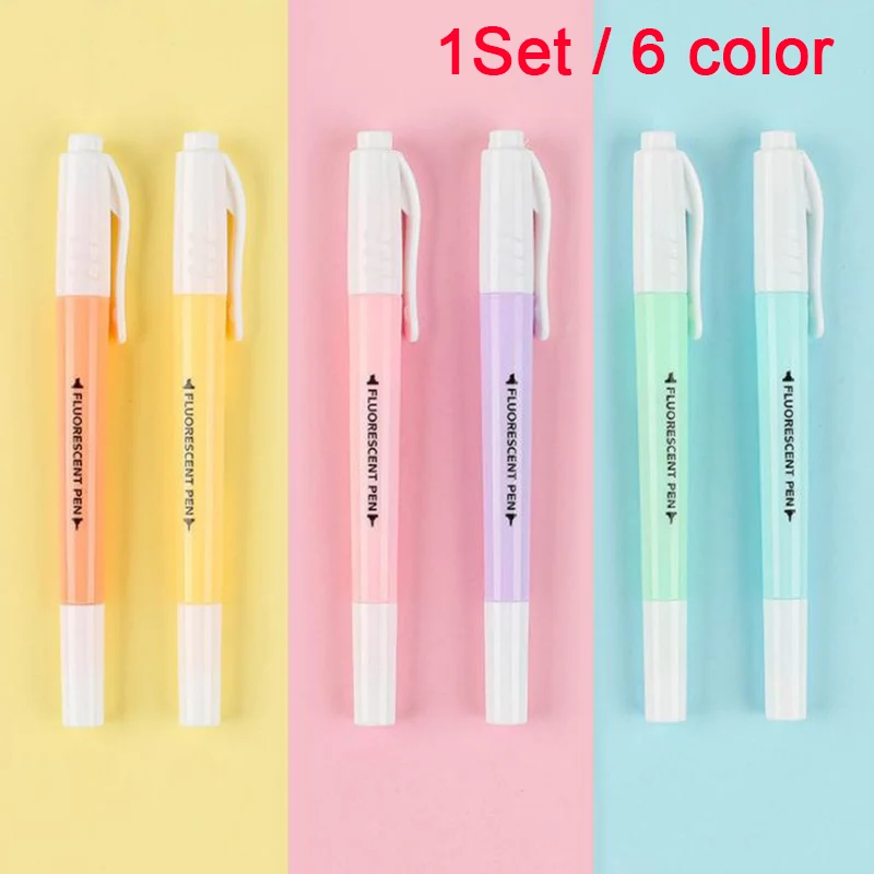 6pcs Candy Color Double Head Highlighter Pen Stationery Marker Office School Set