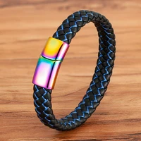 xqni multicolor classic stainless steel mens leather bracelet hand woven color magnet clasp male jewelry best gift