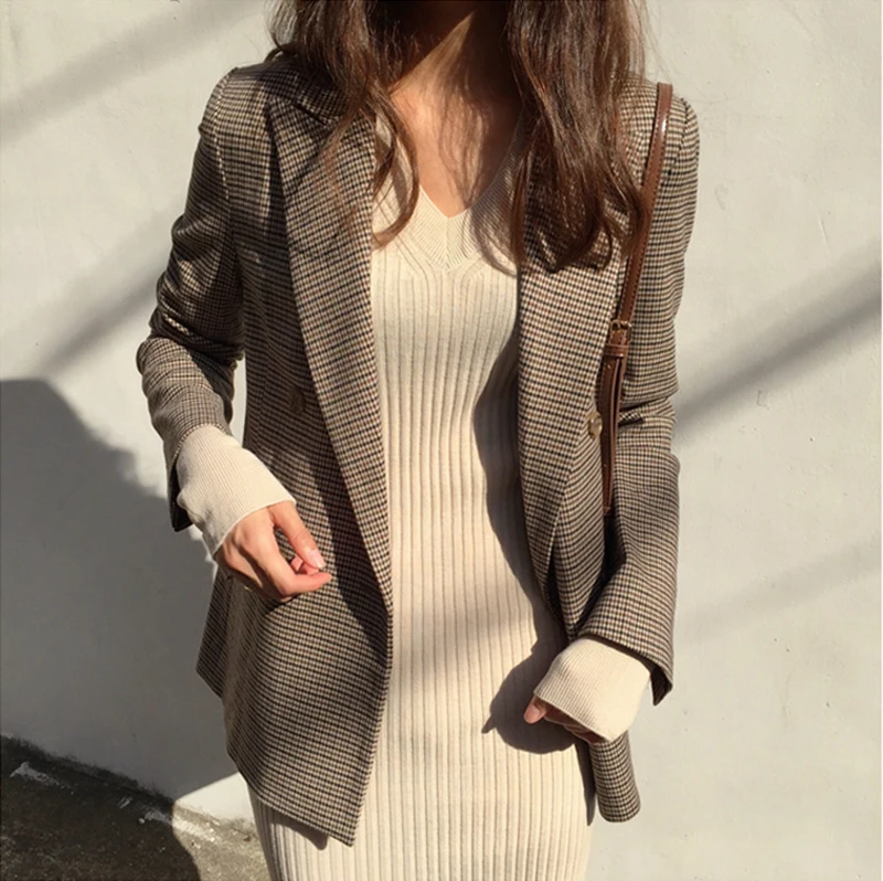 

Vintage Double Breasted Office Ladies Plaid Blazer Long Sleeve Loose Houndstooth Blazer Jacket Women Elegant Female 2019