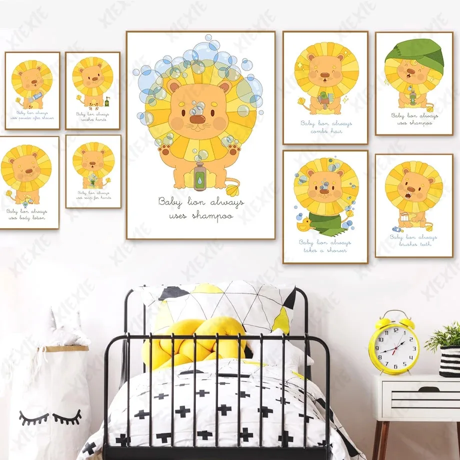 

Cartoon Cute Lion Wallpaper Poster Childlike Play Bubble Canvas Painting Art Print Picture for Home Bedroom Decoration Craft