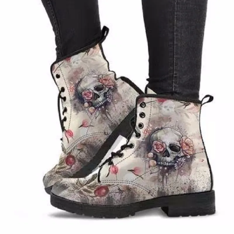

Printed Martens Boots Women 'S Autumn And Winter New 2021 British Fashion Worker Skull And Flower Ankle Boots Ladies Plus Size