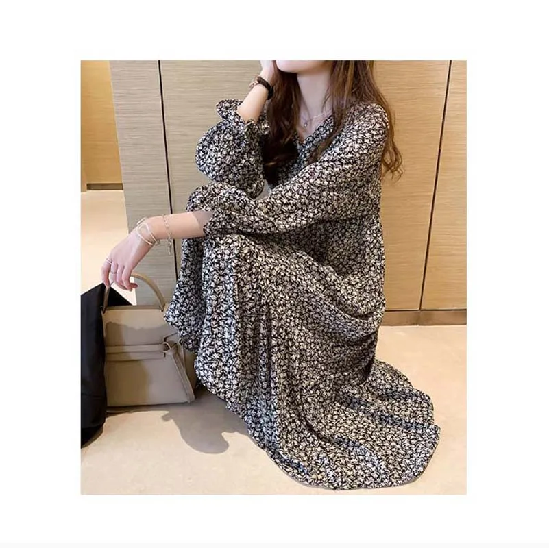 

Женское Свободное платье с длинным рукавом, элегантное черное платье большого размера с V-образным вырезом и цветочным принтом, модель KE17 на...