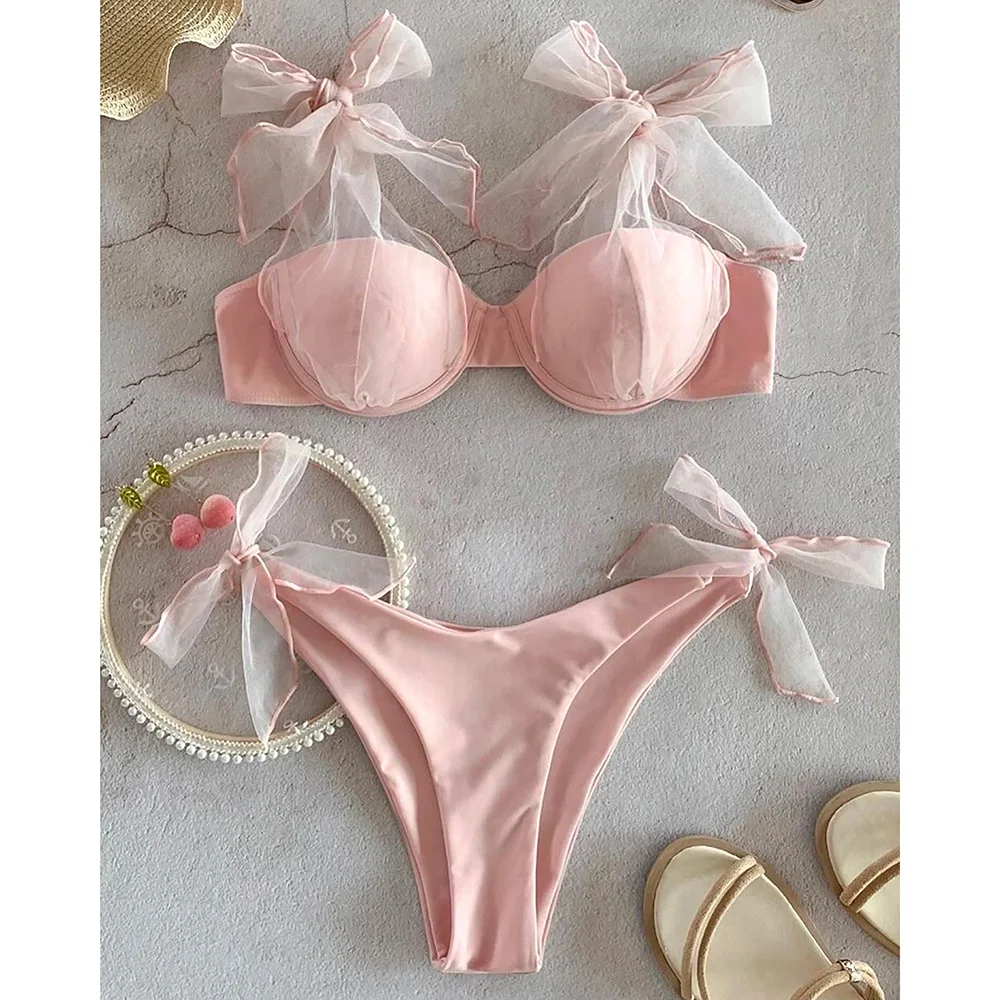 Сексуальные розовые бикини, женский купальник 2021, пуш-ап, сетчатый купальник на бретельках, Бразильский купальный костюм, пляжная одежда, бе...
