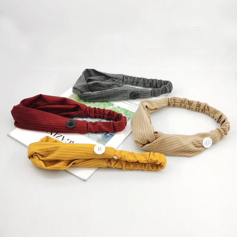 

Solid Color Hairband Knitted Headband With Button Mask Holder Sweet Cross Knot Women Headband Stretch Headwrap Hair Accessories