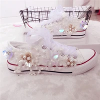 new diy floral flat casual shoes autumn hand sewn rhinestone pearls lace low top canvas shoes for women hand made designer shoes