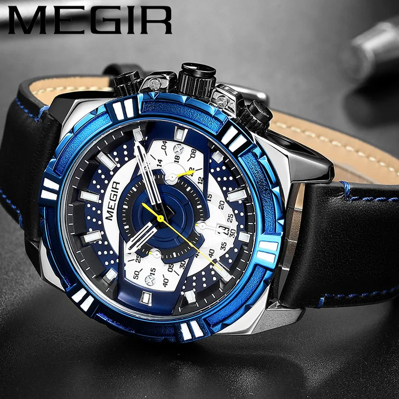 Часы наручные MEGIR мужские с хронографом брендовые Роскошные синие спортивные в
