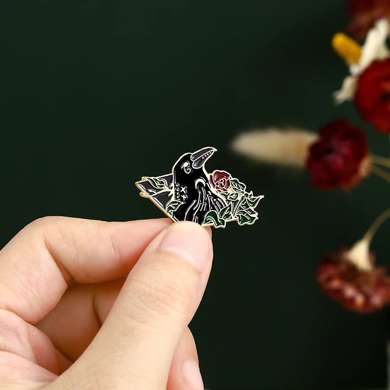 Solitude Gothic crow enamel pin black bird pink flower badge brooch Denim Jackets Shirt bag Lapel jewelry gift for women | Украшения и
