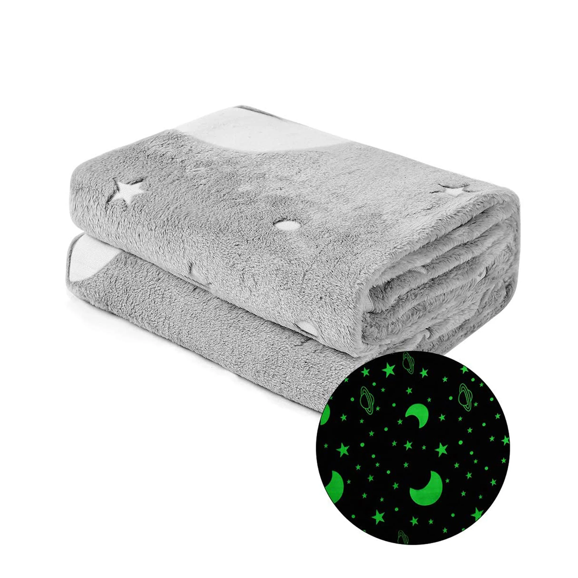 

150cm Glow In The Dark Warm Soft Fleece Blanket with Star Moon Pattern Throw Bedding Blanket for Kids Babies50 X 60in