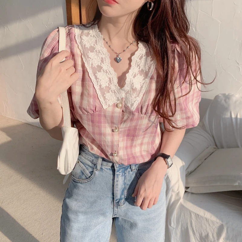 

Summer korean Sweet Lace Up Ruffled Women Blouses Fashion Stand Collat Ladies Tops Vintage Lace Shirts button up shirt harajuku